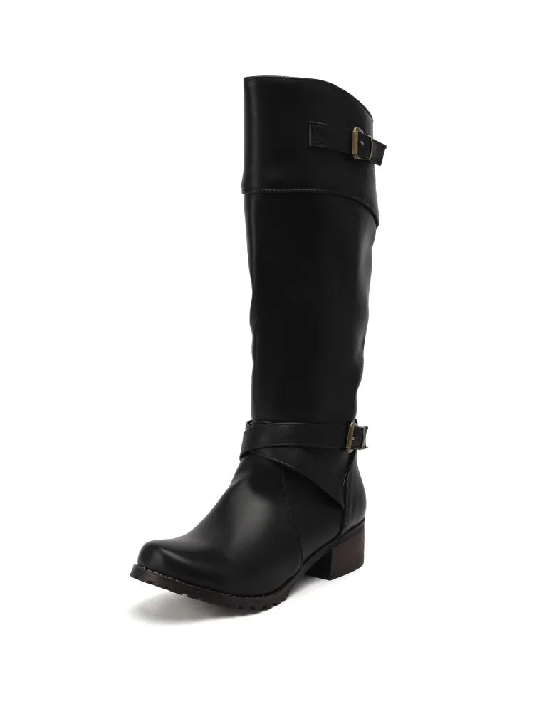 Women's Buckle Low Heel Knee High Boots