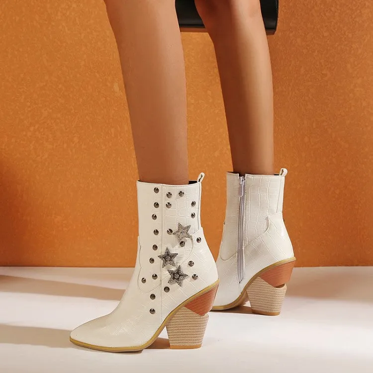 Women's Crocodile Pattern Pointed Toe Stars Rivets Block Chunky Heel Short Boots