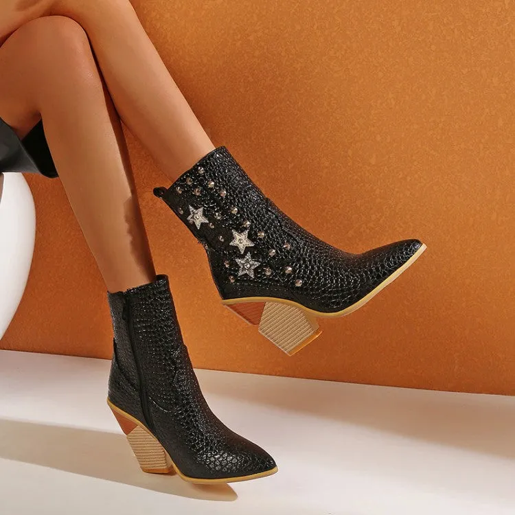 Women's Crocodile Pattern Pointed Toe Stars Rivets Block Chunky Heel Short Boots