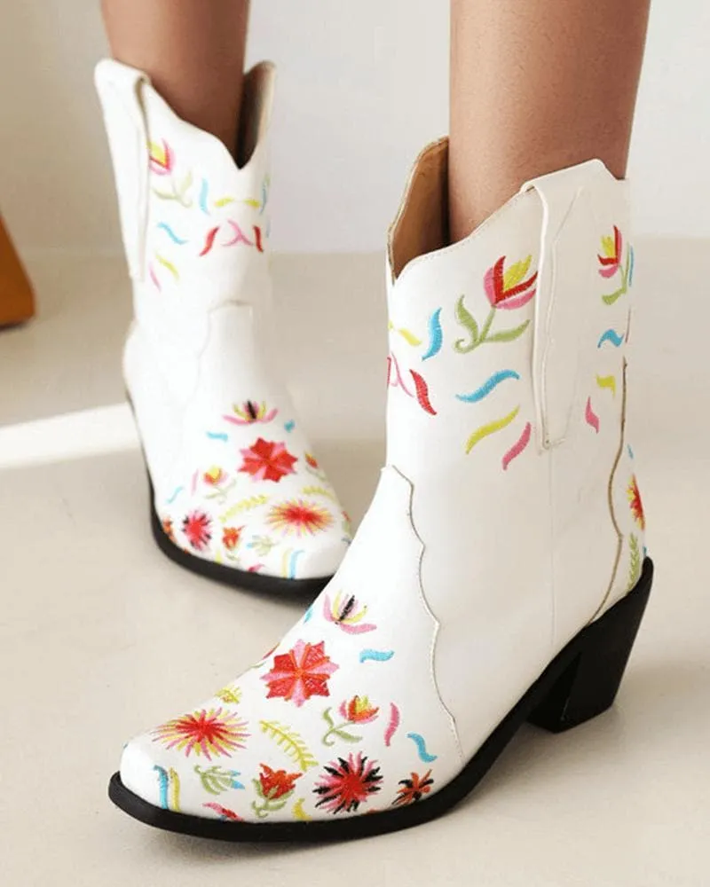 Women's Fashion Floral Embroidery Chunky Heel Cowboy Boots