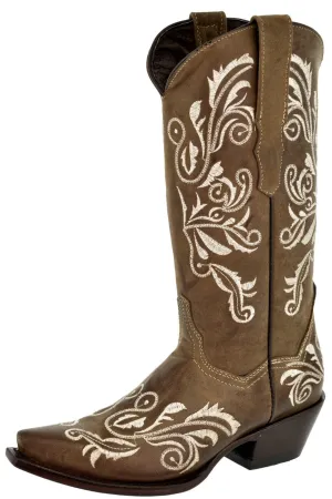 Womens Granada Light Brown Cowboy Boots Swan Embroidered - Snip Toe