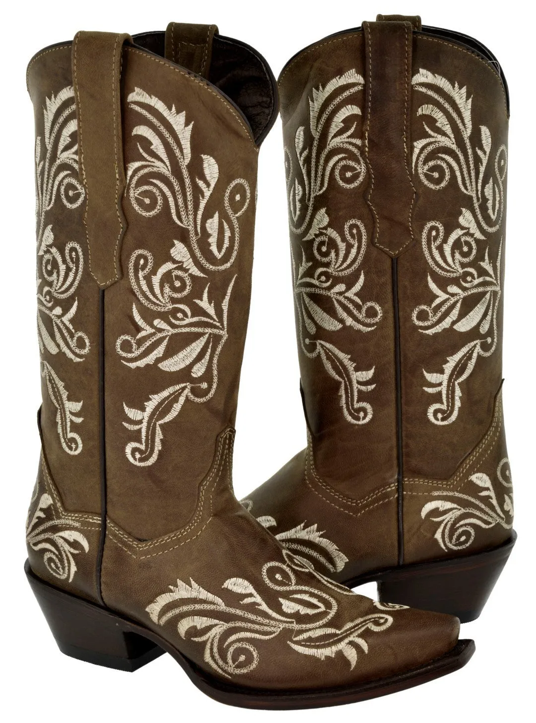 Womens Granada Light Brown Cowboy Boots Swan Embroidered - Snip Toe