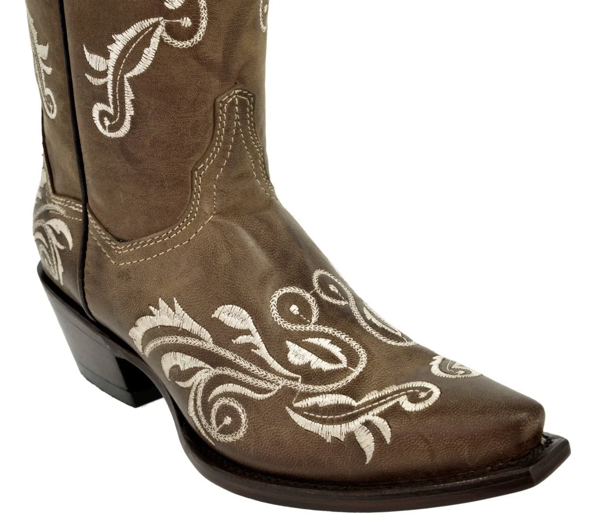 Womens Granada Light Brown Cowboy Boots Swan Embroidered - Snip Toe