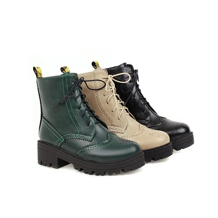 Women's Lace Up Laser Block Heel Platform Short Boots