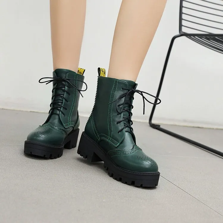 Women's Lace Up Laser Block Heel Platform Short Boots