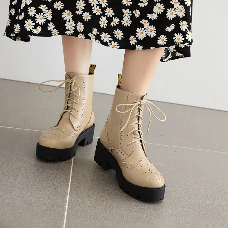 Women's Lace Up Laser Block Heel Platform Short Boots