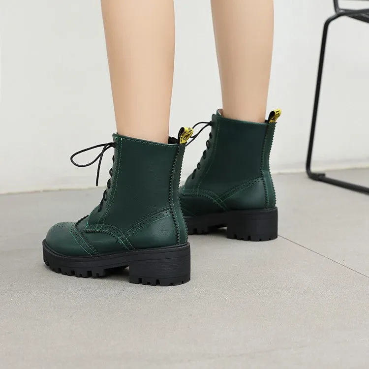 Women's Lace Up Laser Block Heel Platform Short Boots