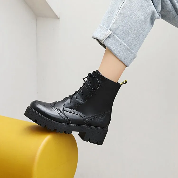 Women's Lace Up Laser Block Heel Platform Short Boots