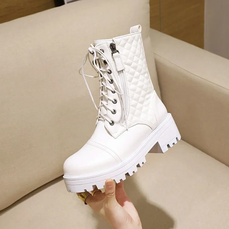 Women's Lace Up Side Zippers Block Heel Platform Short Boots