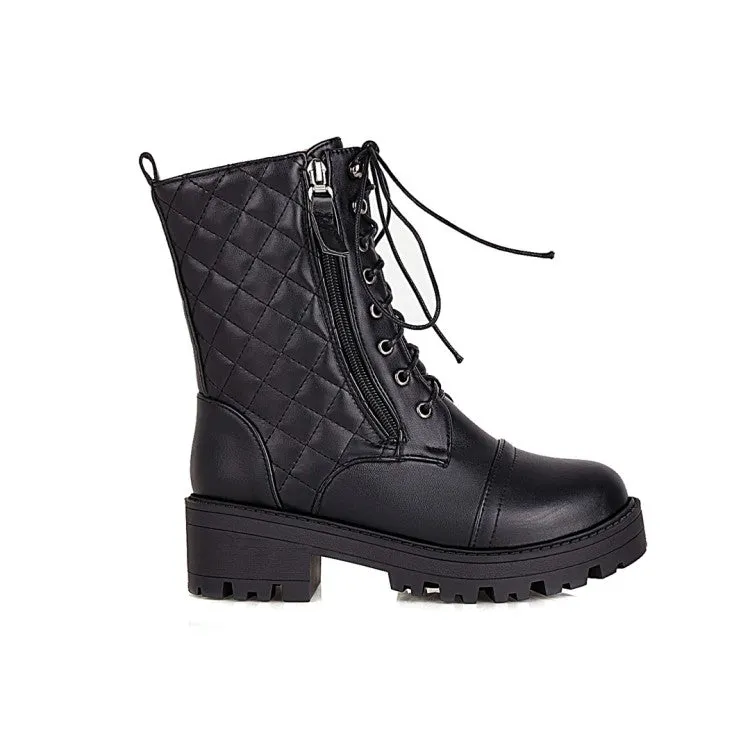 Women's Lace Up Side Zippers Block Heel Platform Short Boots