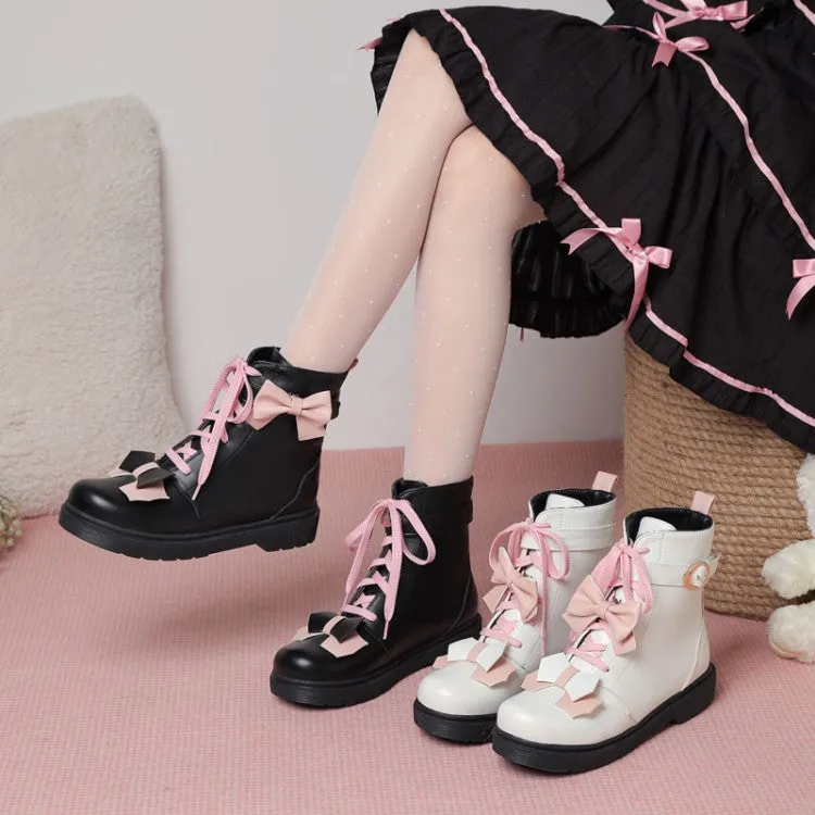 Women's Lolita Bowties Knot Lace Up Flat Ankle Boots