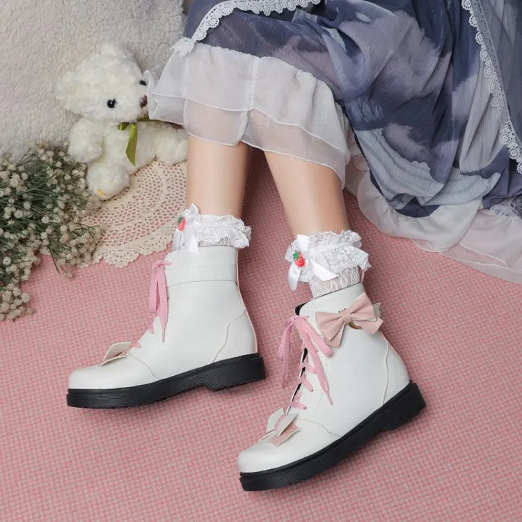 Women's Lolita Bowties Knot Lace Up Flat Ankle Boots