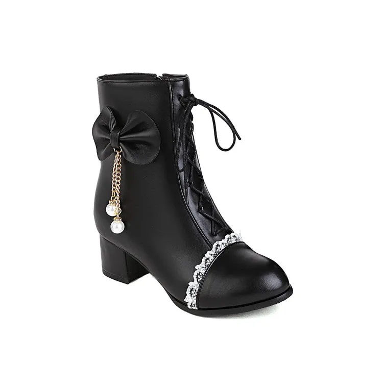 Women's Pu Leather Round Toe Lace Lace-Up Pearls Bow Tie Side Zippers Block Chunky Heel Short Boots