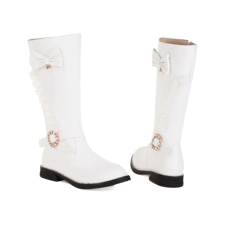 Women's  Rhinestone Pearl Low Heel Mid Calf Boots