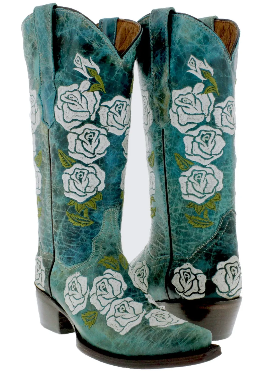 Womens Rosal Turquoise Leather Cowboy Boots - Snip Toe