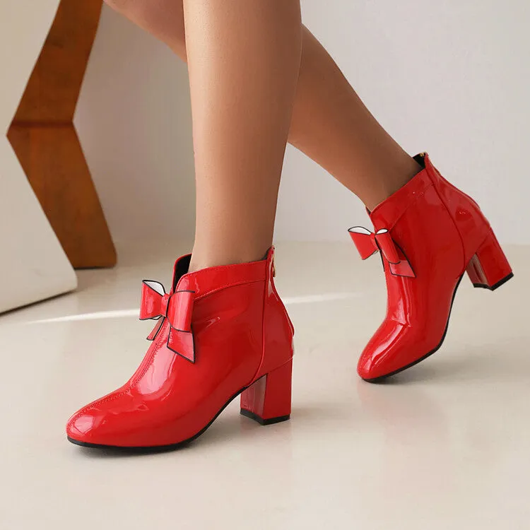 Women's Round Toe Bow Tie Block Chunky Heel Short Boots