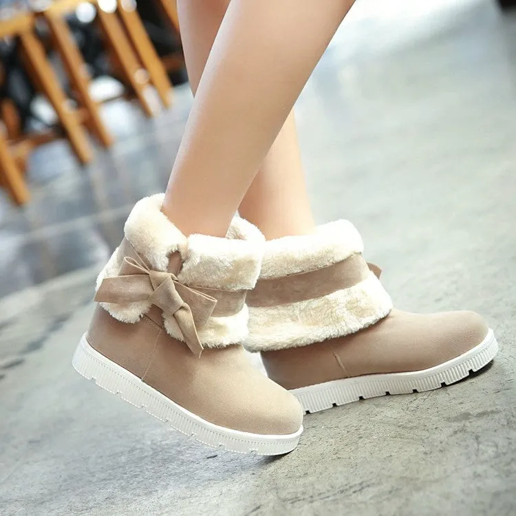 Women's Round Toe Bow Tie Fold Flat Platform Mid-Calf Boots