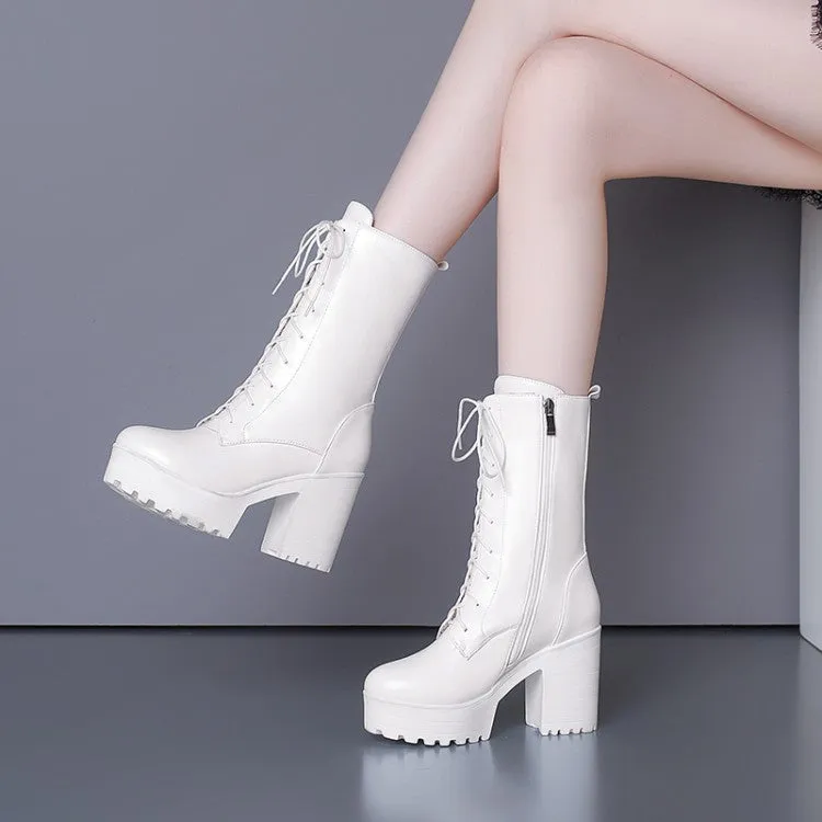 Women's Side Zippers Buckle Straps Block Heel Platform Mid Calf Boots