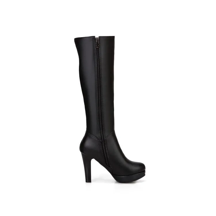 Women's Side Zippers Knee High Pearls Block Chunky Heel Platform Knee High Boots