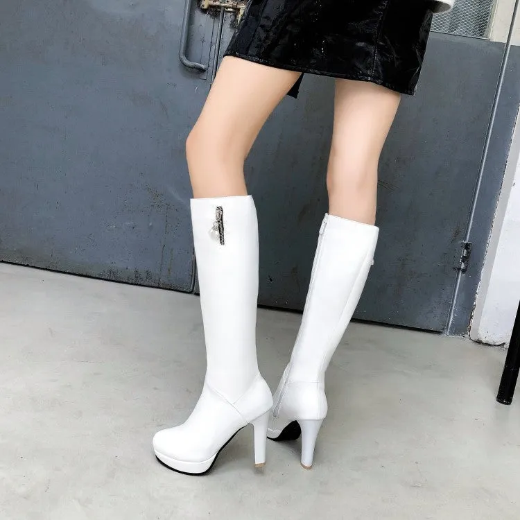 Women's Side Zippers Knee High Pearls Block Chunky Heel Platform Knee High Boots