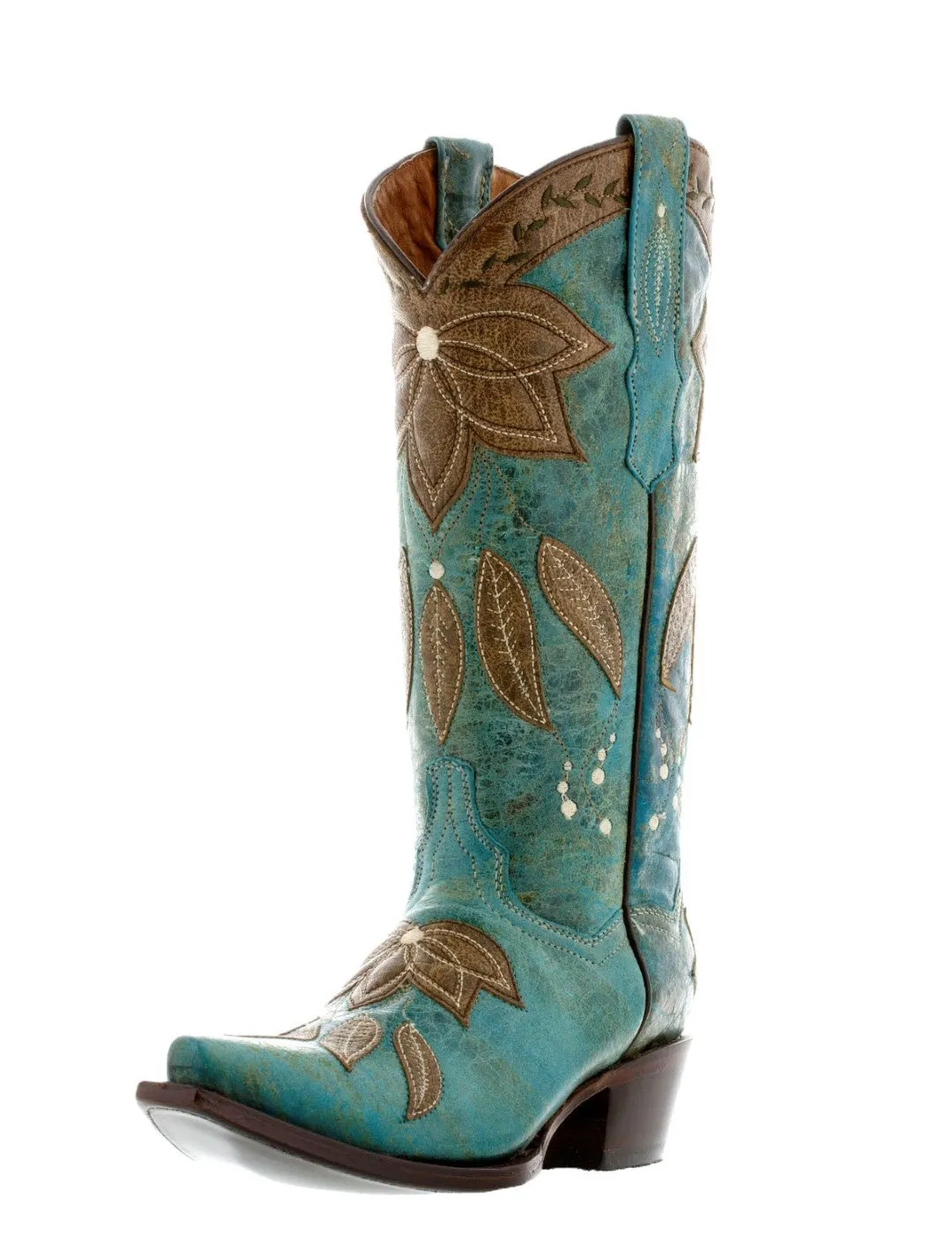 Womens Summer Turquoise & Brown Leather Cowboy Boots - Snip Toe