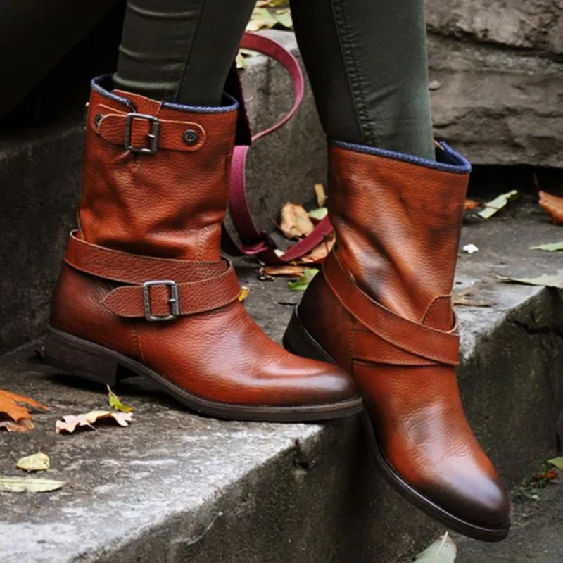 Women's vintage motorcycle boots buckle strap low heel short boots