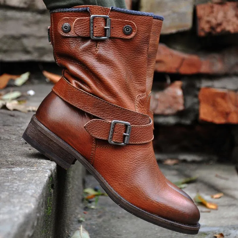 Women's vintage motorcycle boots buckle strap low heel short boots