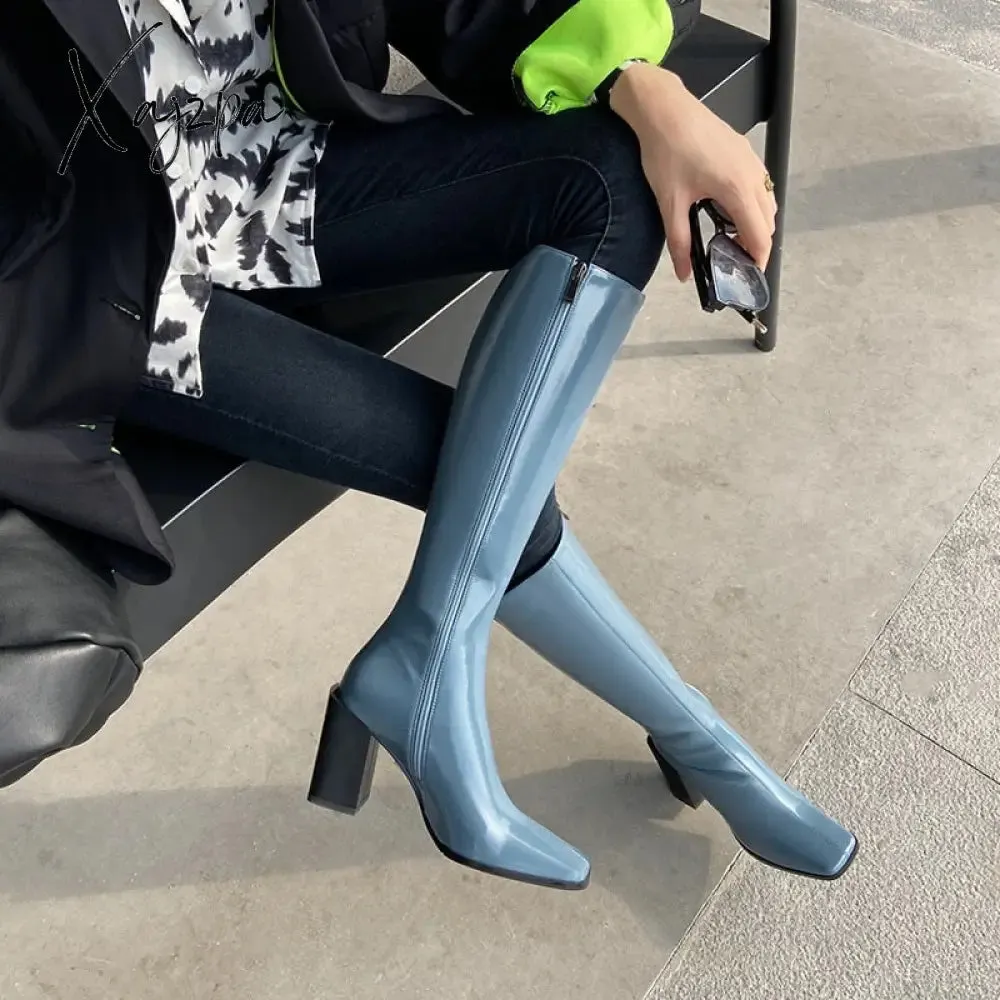 Xajzpa - Luxury Fashion Ladies White Blue Black Patent Leather In Square Toe Knee High Boots Woman Chunky Heels Slim Long Boots Shoes