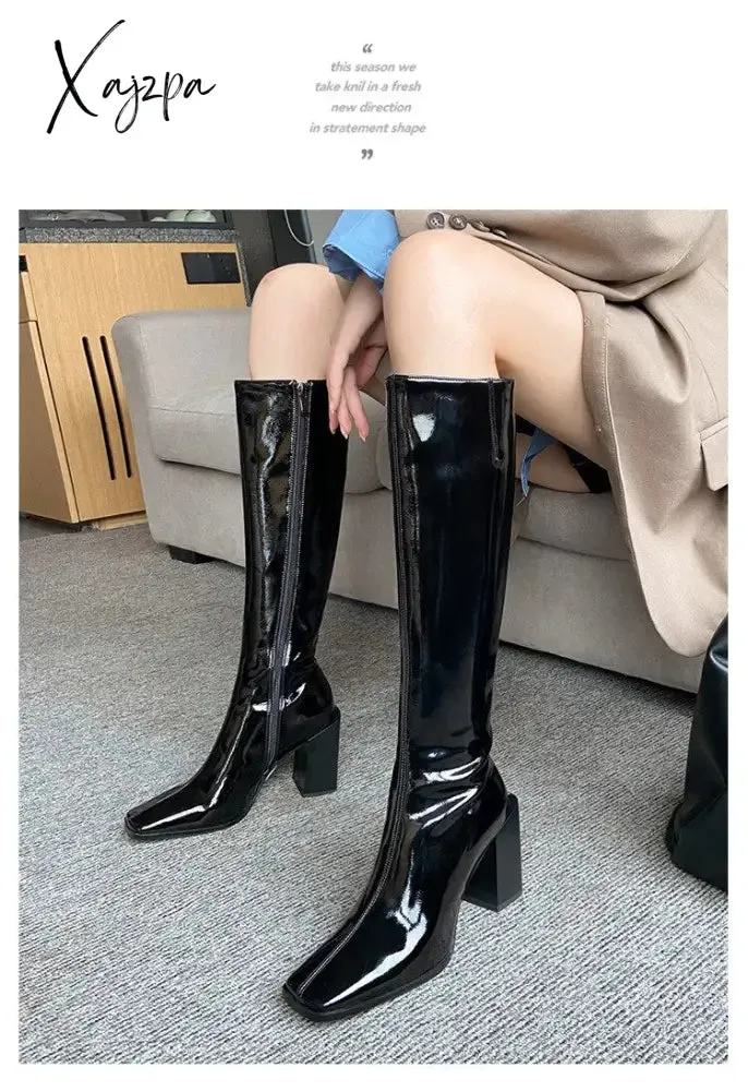 Xajzpa - Luxury Fashion Ladies White Blue Black Patent Leather In Square Toe Knee High Boots Woman Chunky Heels Slim Long Boots Shoes