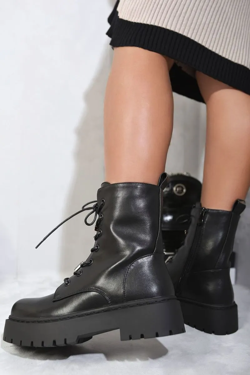 Zip Lace Up Chunky Biker Boots with Decor Details